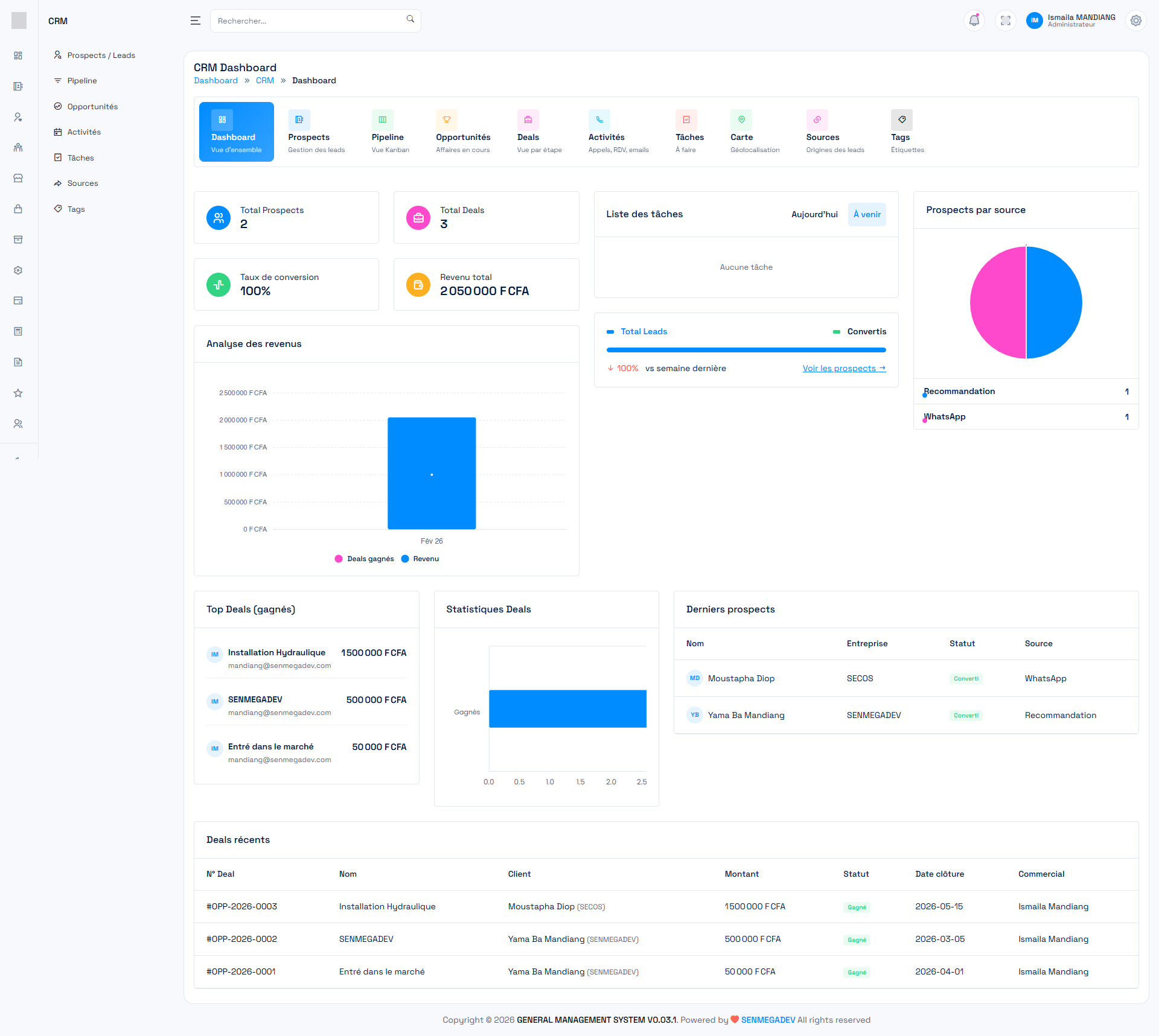 Module CRM complet GENERAL MS — Pipeline et gestion clients